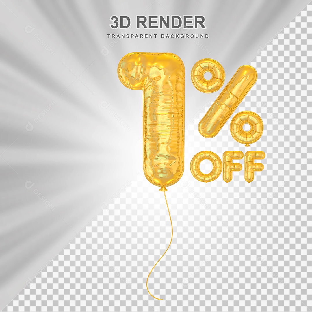 Elemento 3D Balão Dourado de Número 1% para Composição PSD