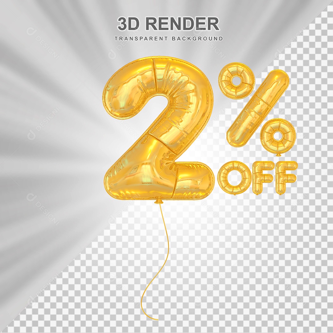 Elemento 3D Balão Dourado de Número 2% para Composição PSD