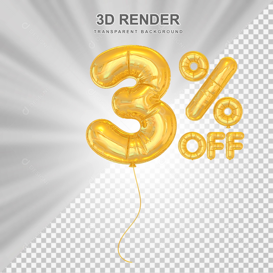Elemento 3D Balão Dourado de Número 3% para Composição PSD