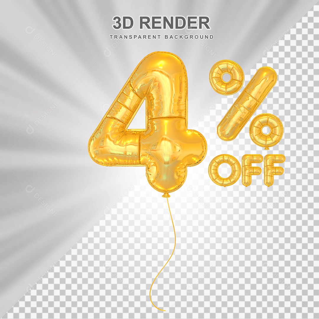 Elemento 3D Balão Dourado de Número 4% para Composição PSD