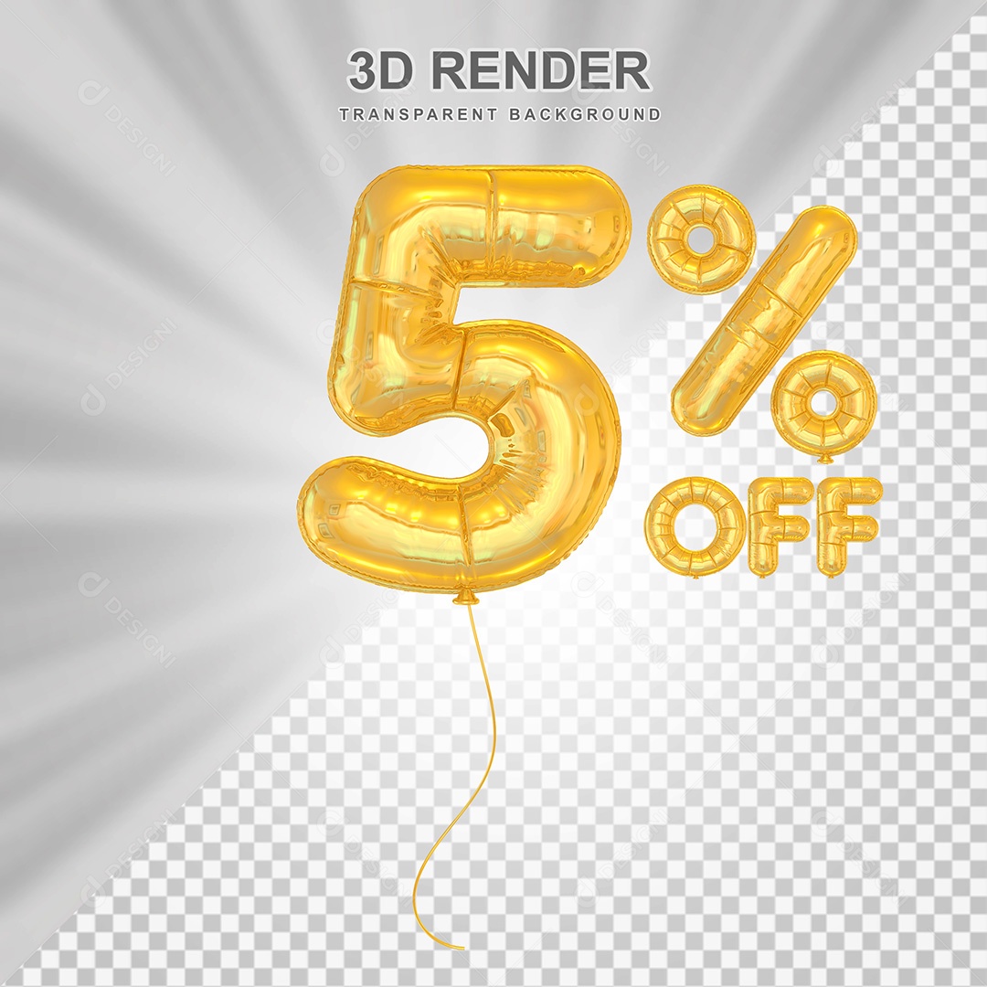 Elemento 3D Balão Dourado de Número 5% para Composição PSD