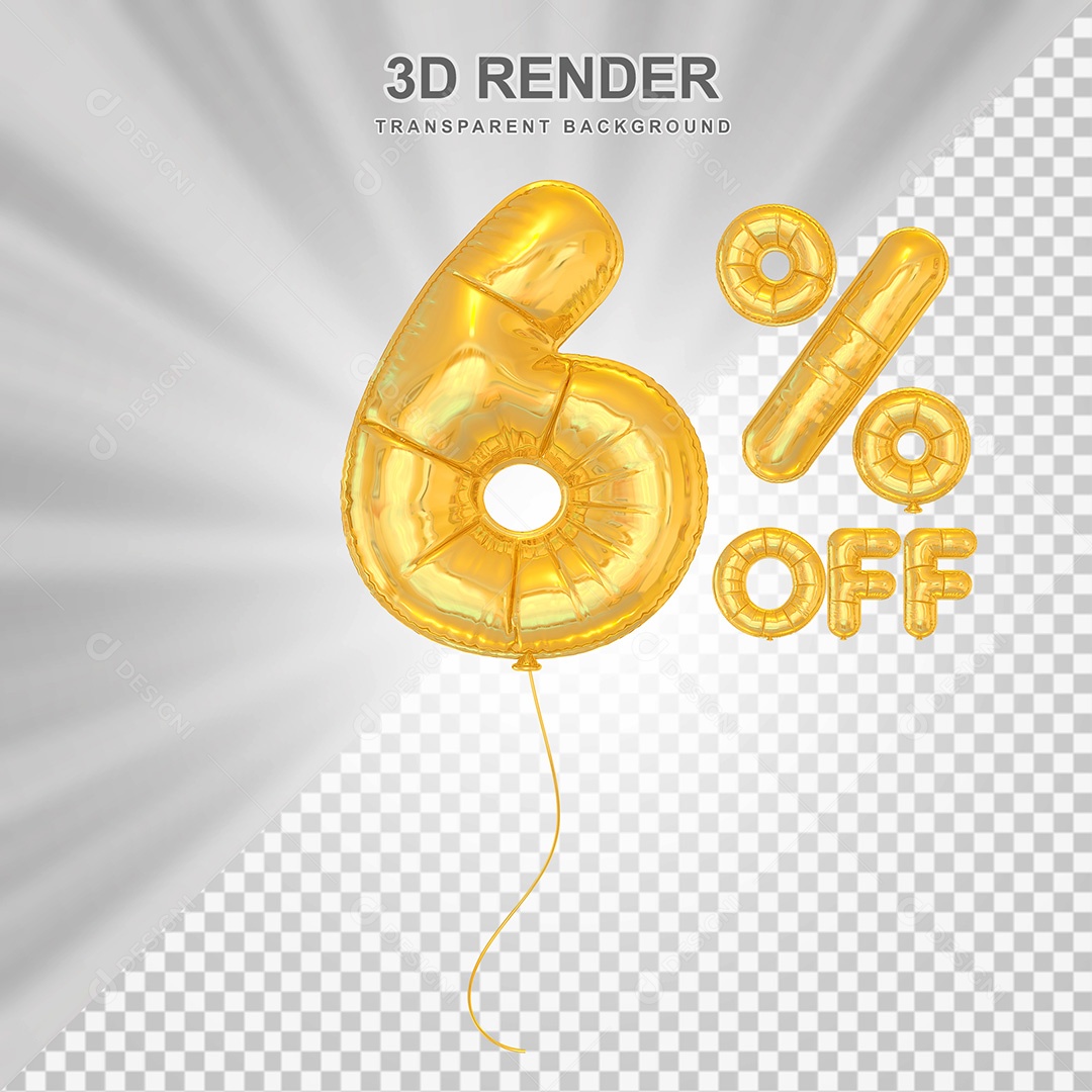 Elemento 3D Balão Dourado de Número 6% para Composição PSD