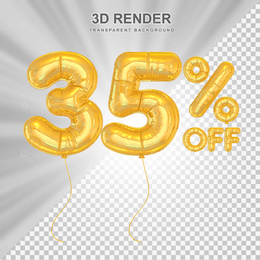 Elemento 3D Balão Dourado de Número 35% para Composição PSD