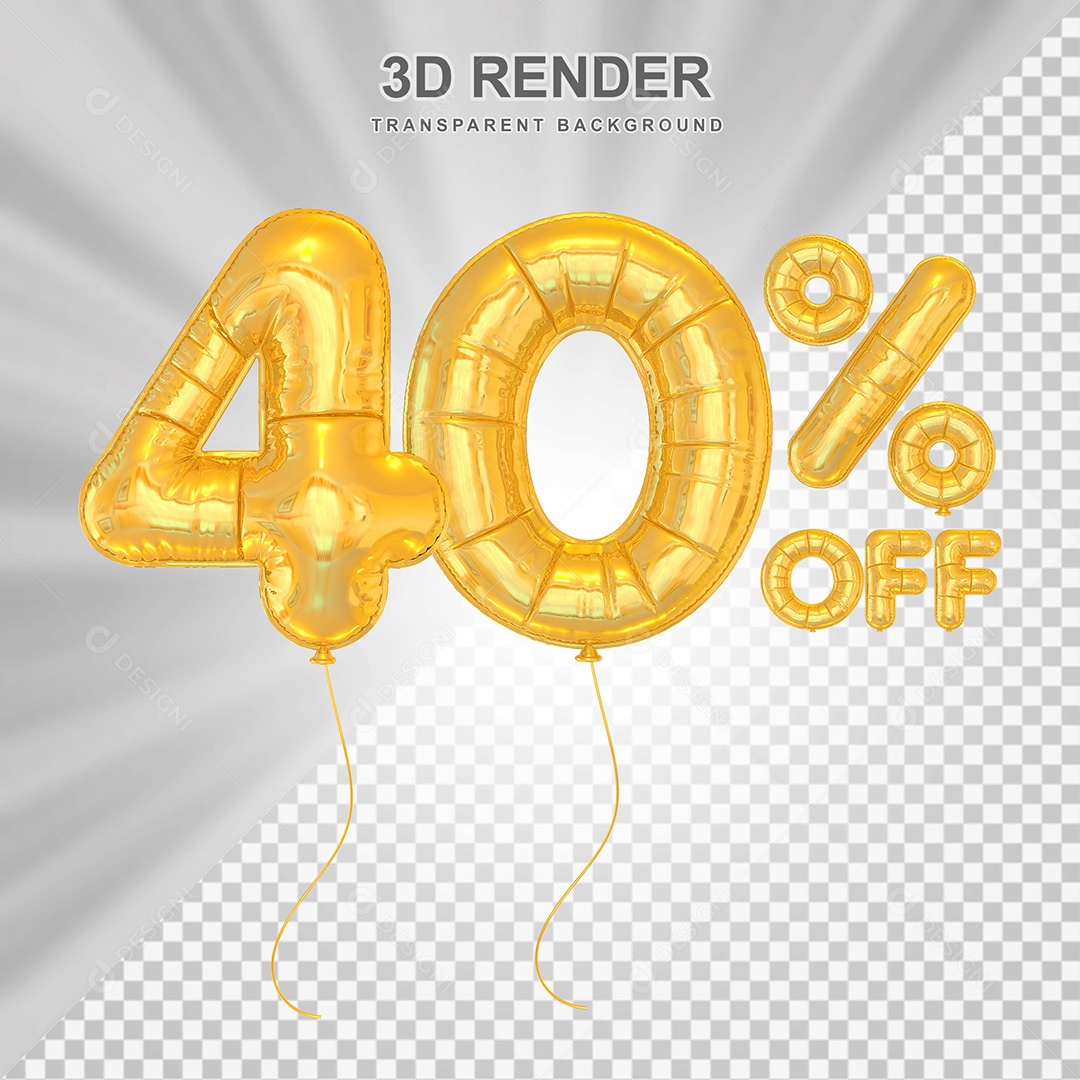 Elemento 3D Balão Dourado de Número 40% para Composição PSD