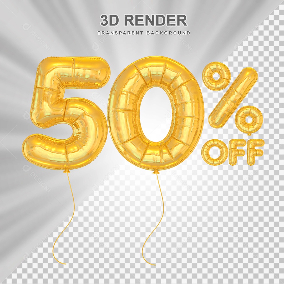 Elemento 3D Balão Dourado de Número 50% para Composição PSD