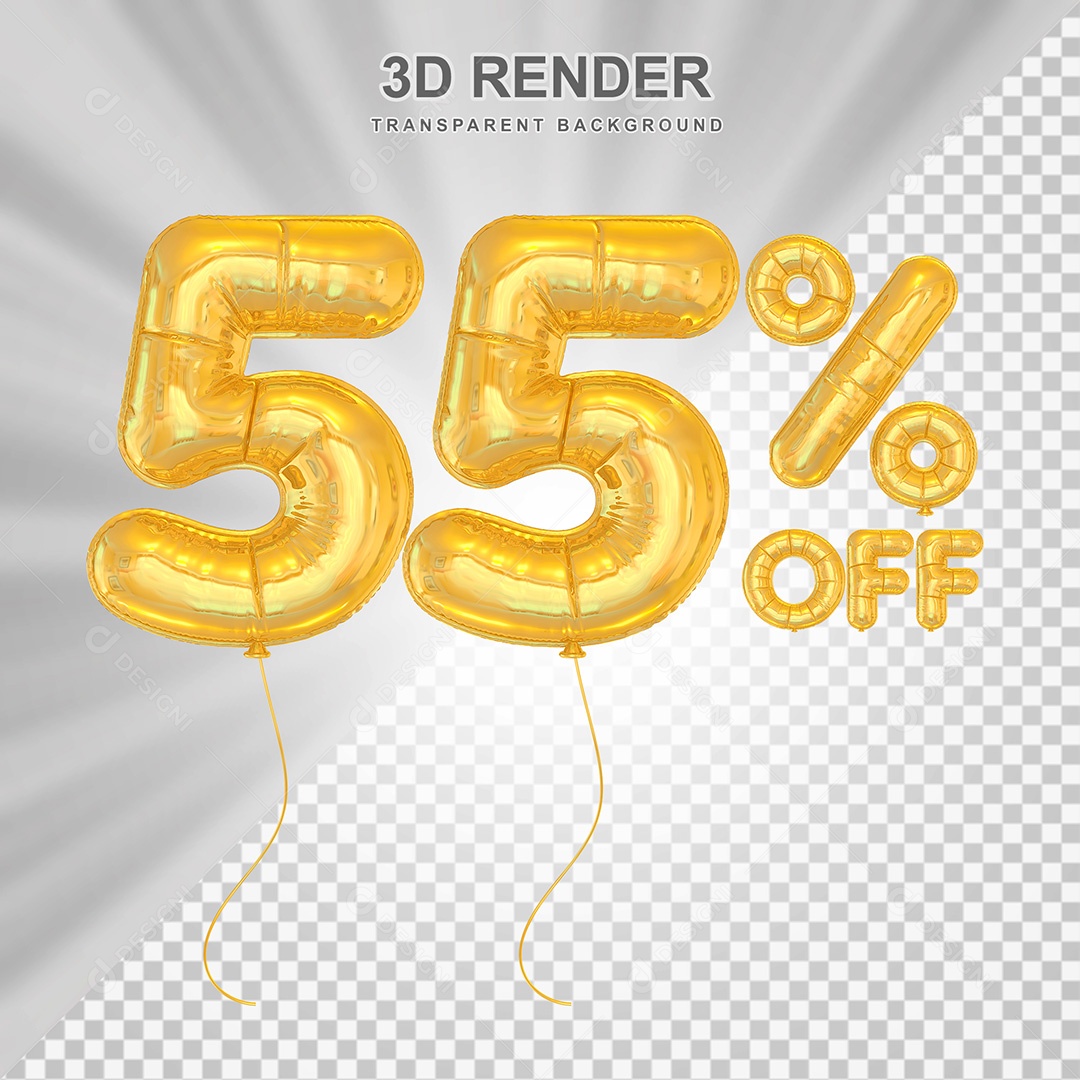 Elemento 3D Balão Dourado de Número 55% para Composição PSD