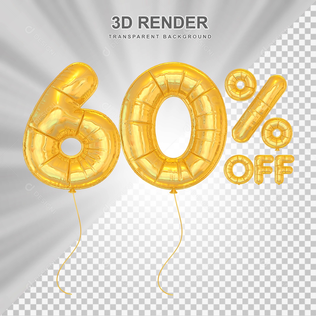 Elemento 3D Balão Dourado de Número 60% para Composição PSD