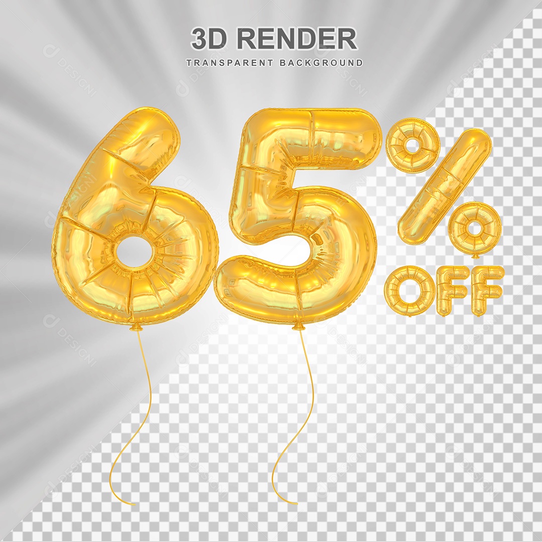 Elemento 3D Balão Dourado de Número 65% para Composição PSD