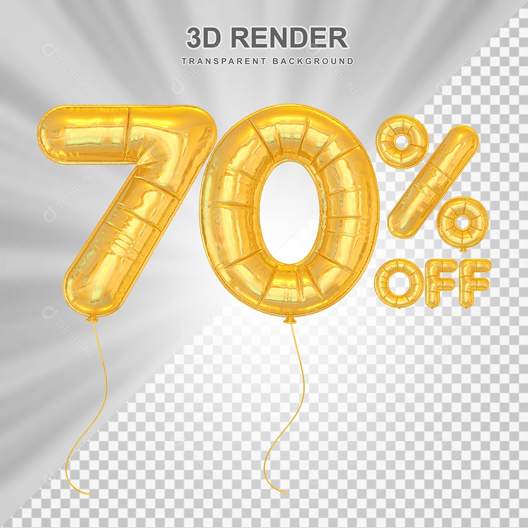 Elemento 3D Balão Dourado de Número 70% para Composição PSD