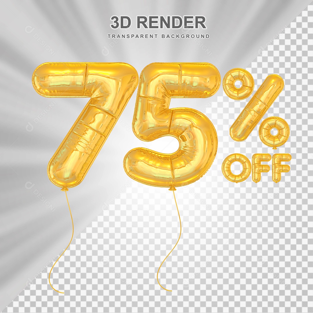 Elemento 3D Balão Dourado de Número 75% para Composição PSD