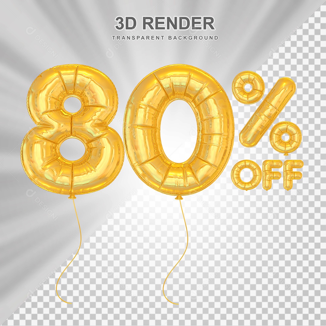 Elemento 3D Balão Dourado de Número 80% para Composição PSD