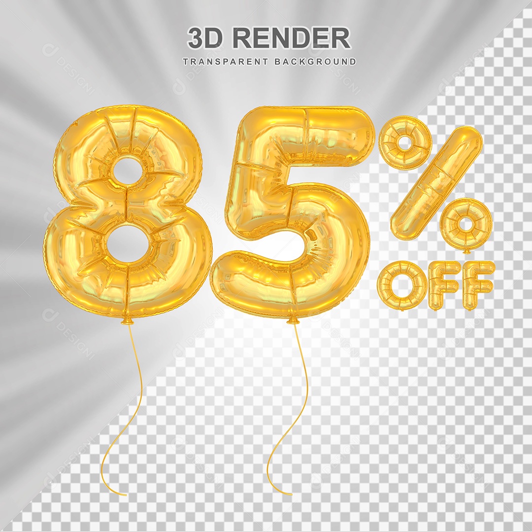 Elemento 3D Balão Dourado de Número 85% para Composição PSD