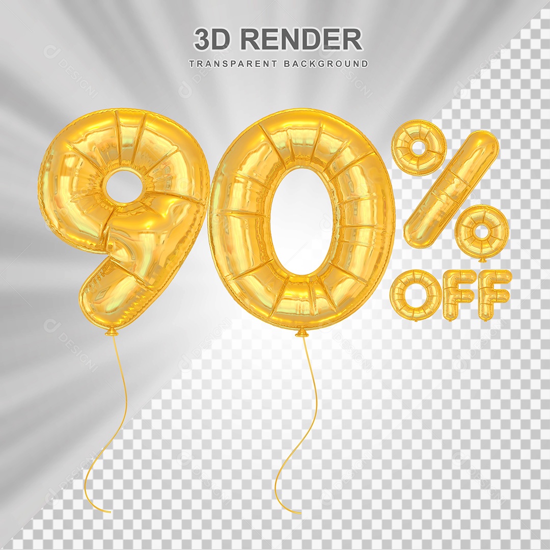 Elemento 3D Balão Dourado de Número 90% para Composição PSD