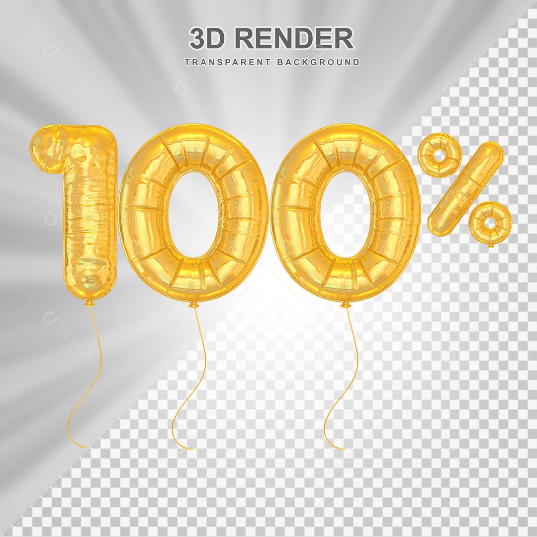 Elemento 3D Balão Dourado de Número 100% para Composição PSD