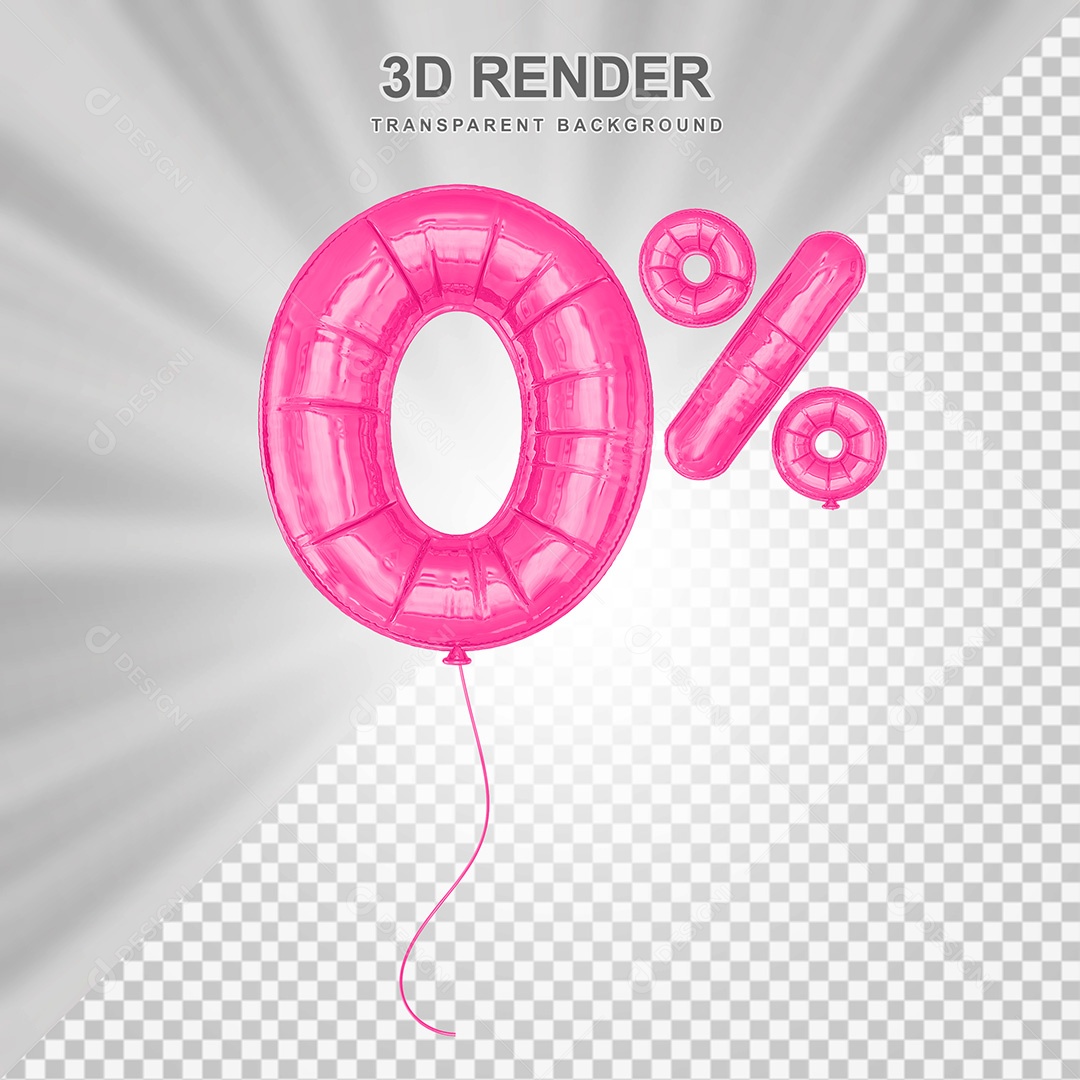 Elemento 3D Balão Rosa de Número 0% para Composição PSD