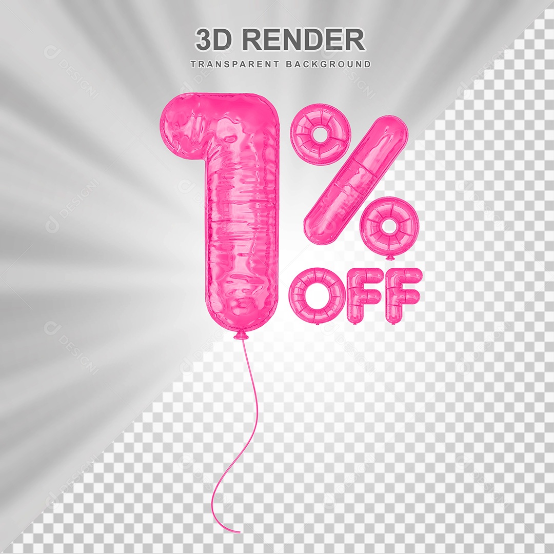 Elemento 3D Balão Rosa de Número 1% para Composição PSD