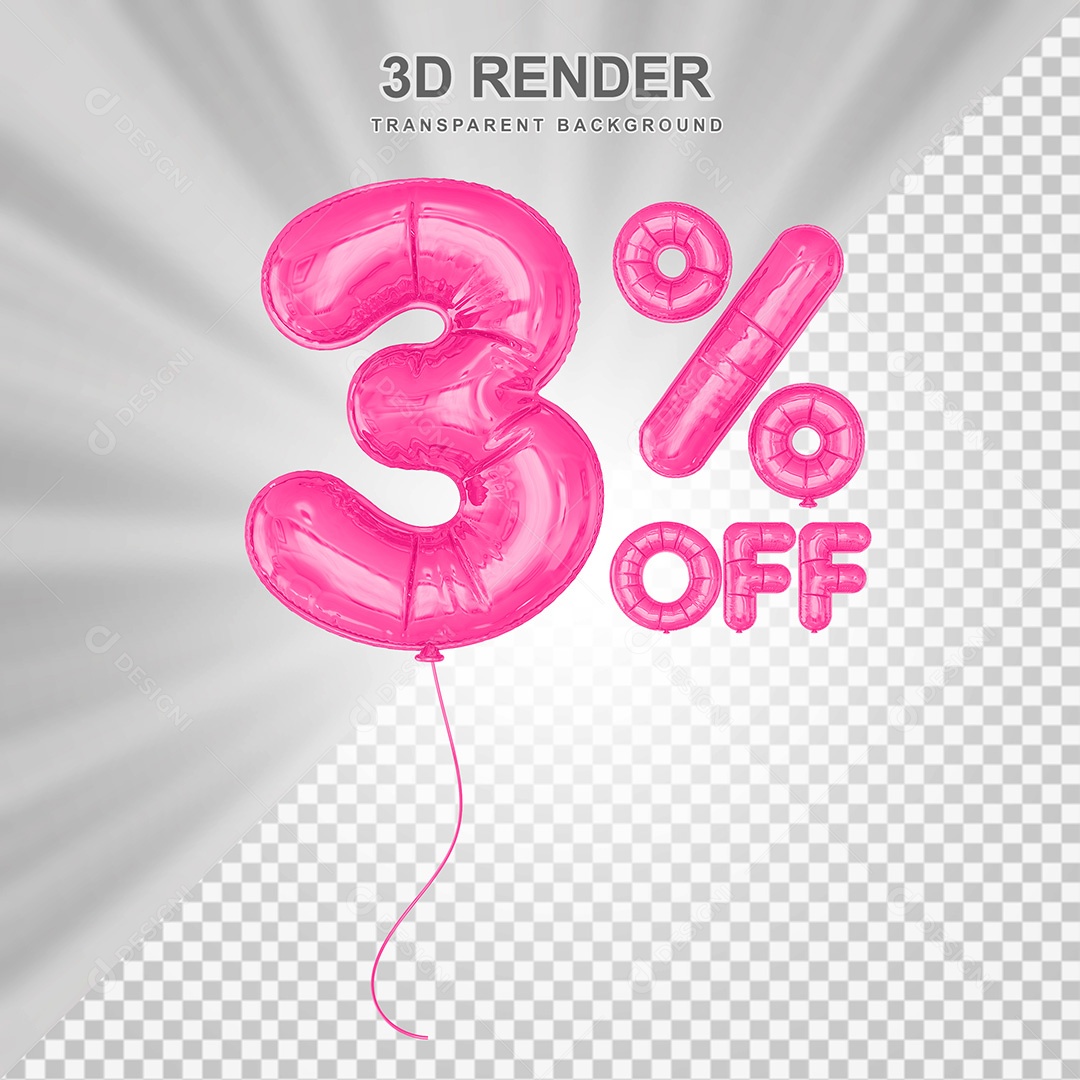 Elemento 3D Balão Rosa de Número 3% para Composição PSD