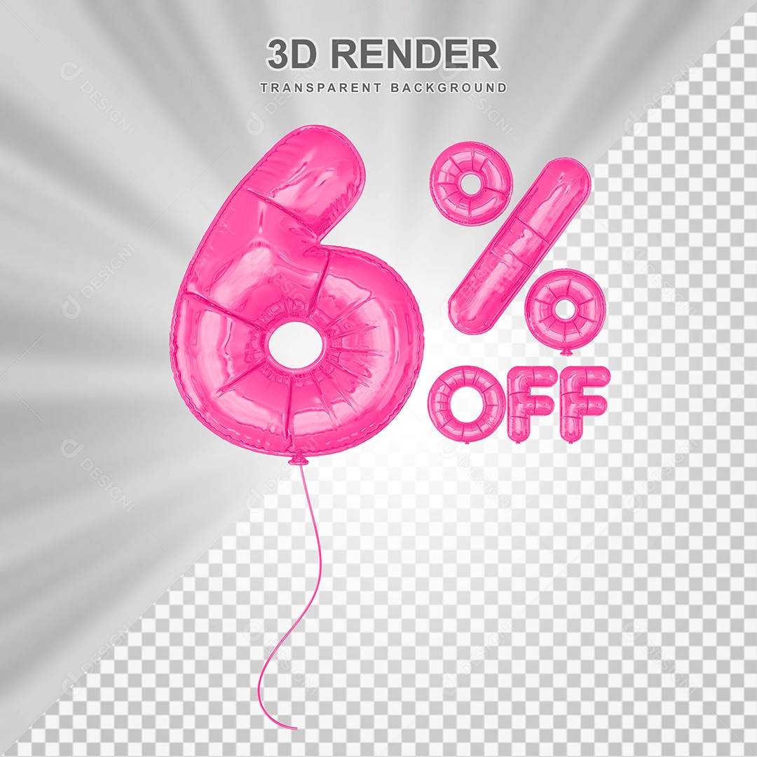 Elemento 3D Balão Rosa de Número 6% para Composição PSD