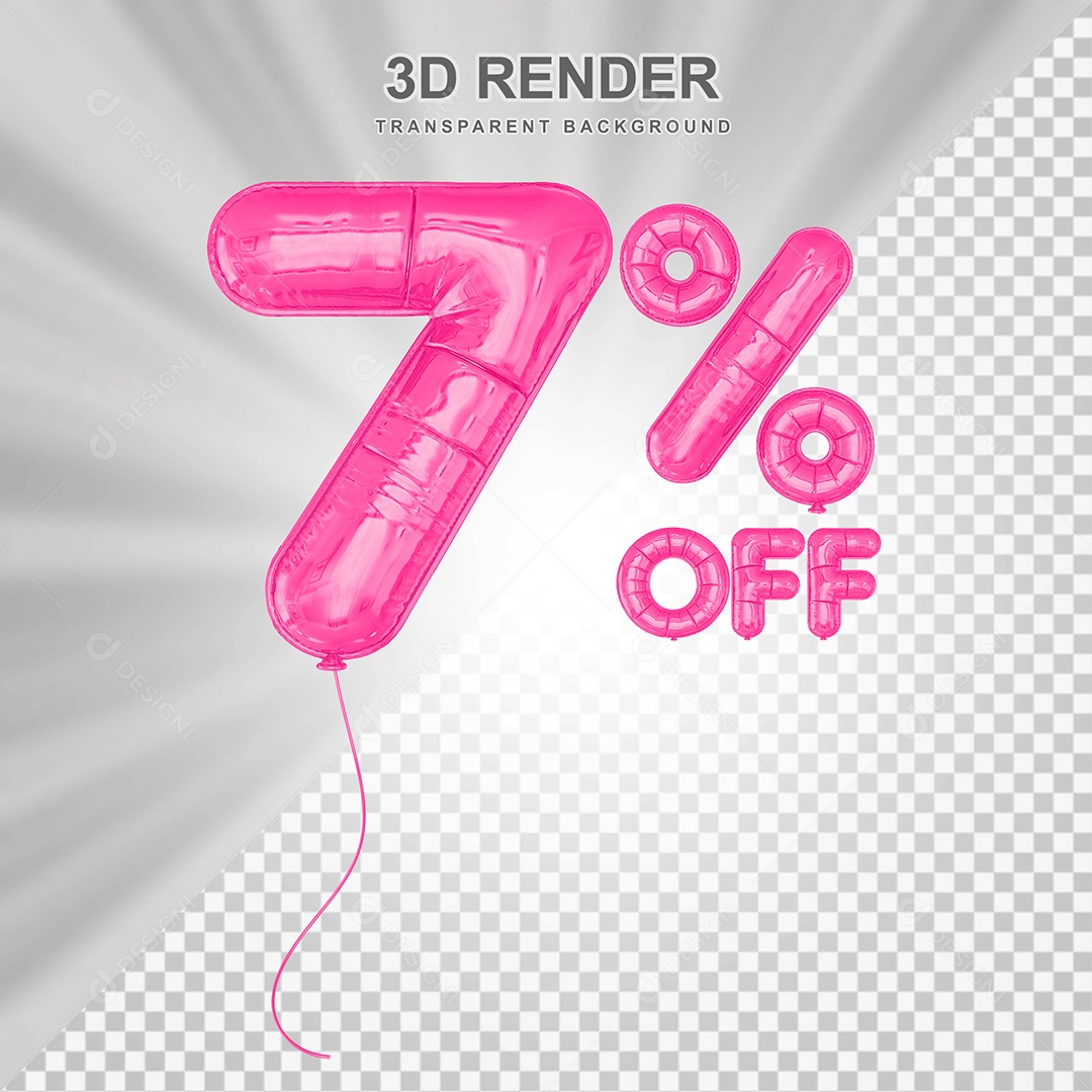 Elemento 3D Balão Rosa de Número 7% para Composição PSD