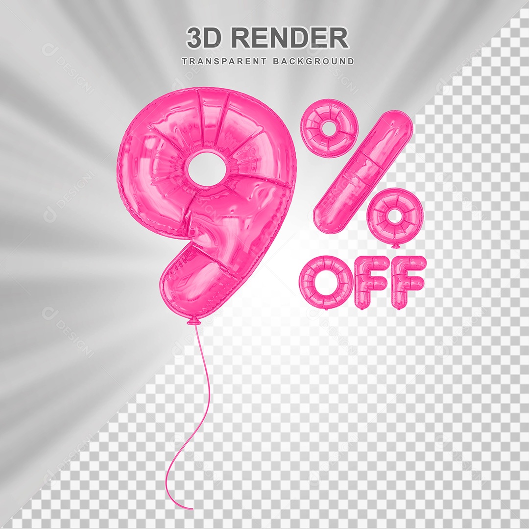 Elemento 3D Balão Rosa de Número 9% para Composição PSD