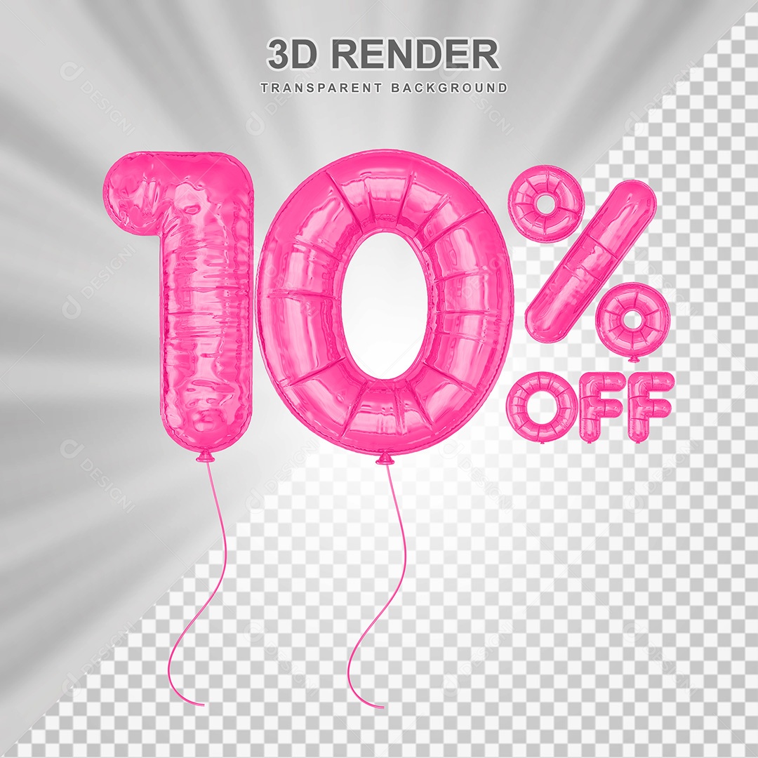 Elemento 3D Balão Rosa de Número 10% para Composição PSD