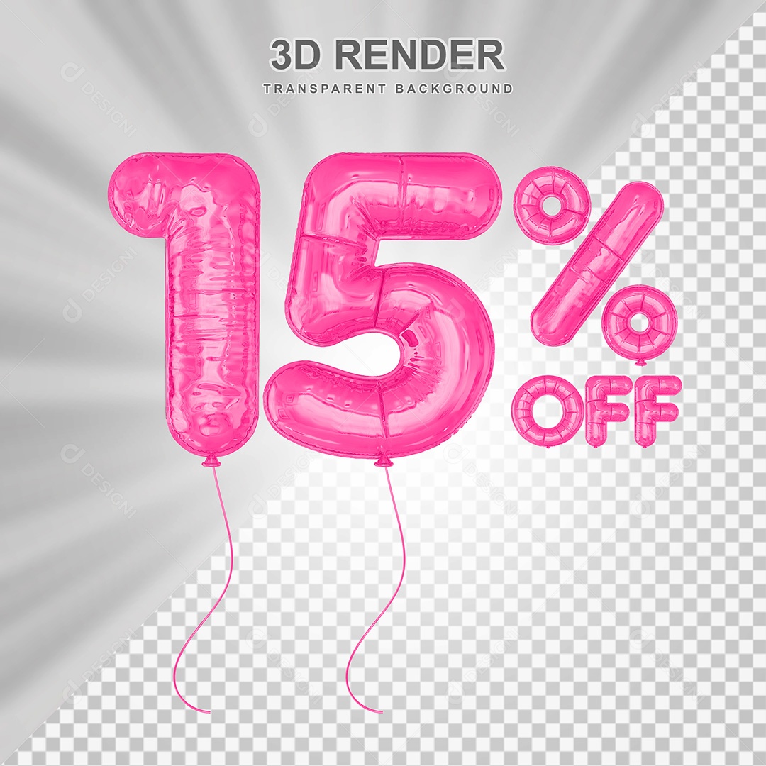Elemento 3D Balão Rosa de Número 15% para Composição PSD