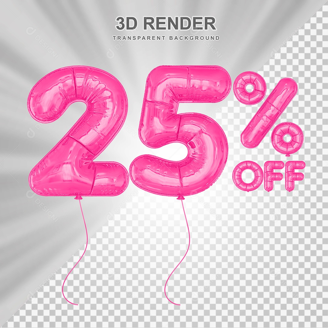 Elemento 3D Balão Rosa de Número 25% para Composição PSD