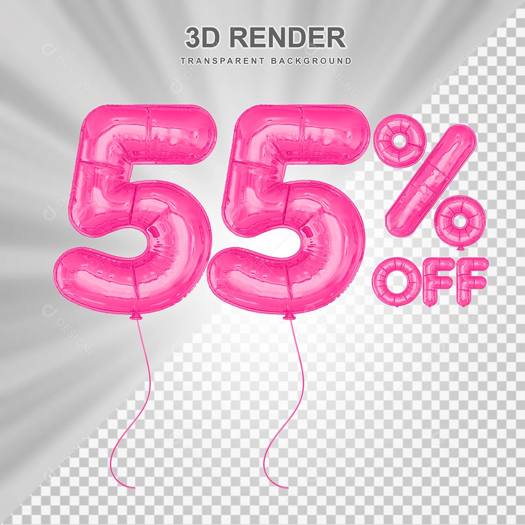 Elemento 3D Balão Rosa de Número 55% para Composição PSD