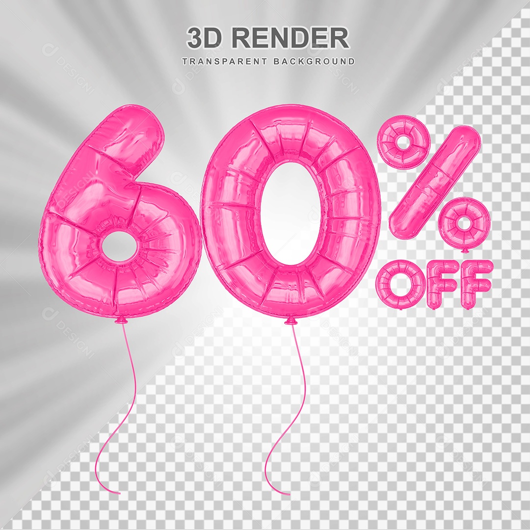 Elemento 3D Balão Rosa de Número 60% para Composição PSD