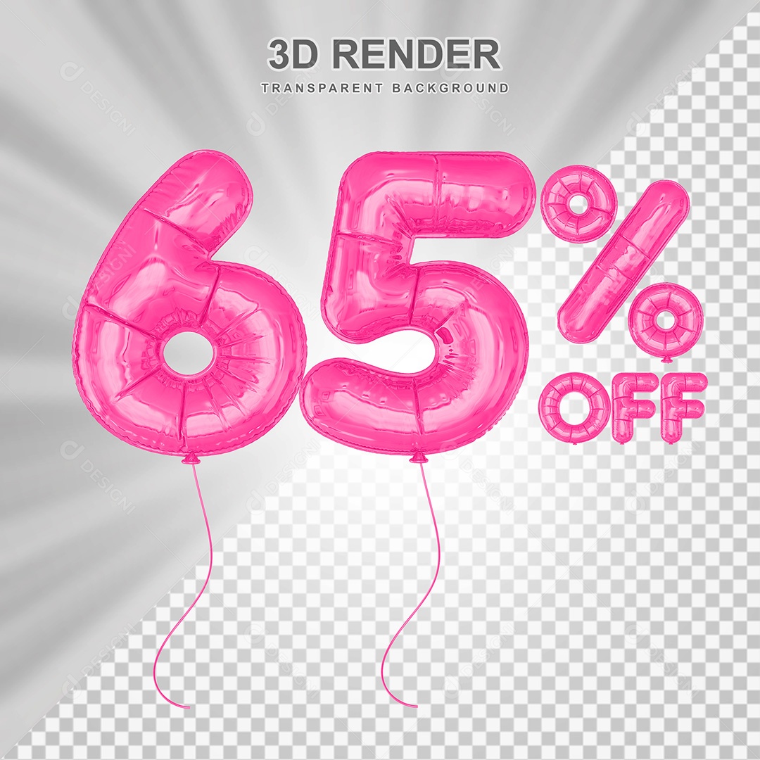 Elemento 3D Balão Rosa de Número 65% para Composição PSD