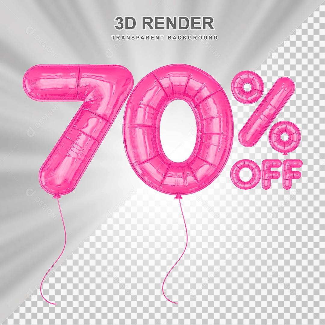Elemento 3D Balão Rosa de Número 70% para Composição PSD