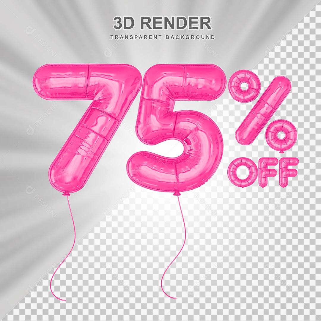 Elemento 3D Balão Rosa de Número 75% para Composição PSD
