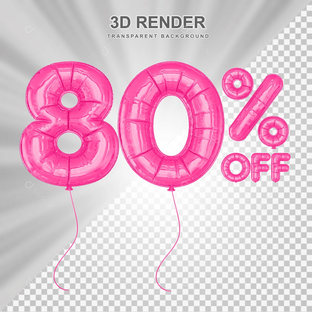 Elemento 3D Balão Rosa de Número 80% para Composição PSD