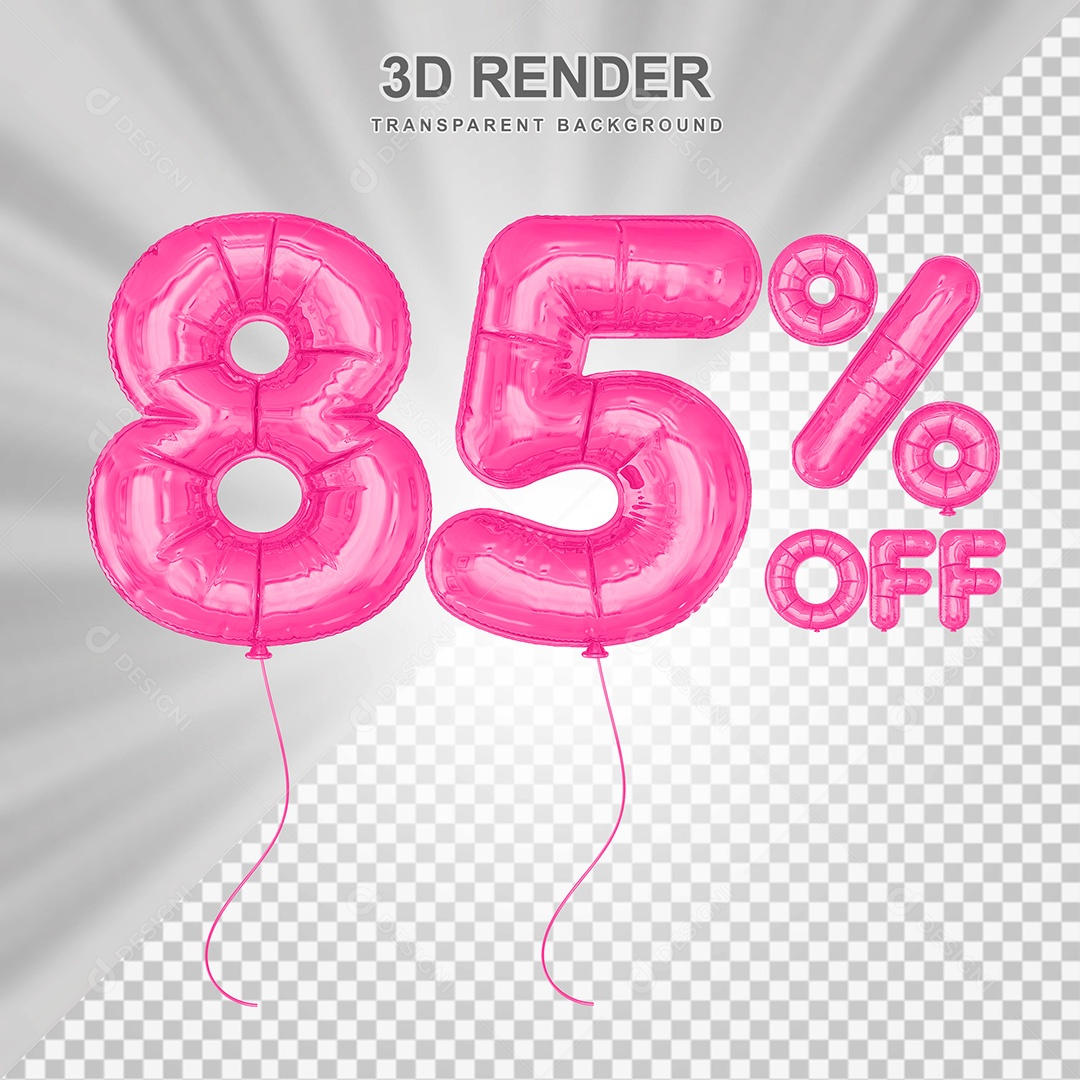 Elemento 3D Balão Rosa de Número 85% para Composição PSD