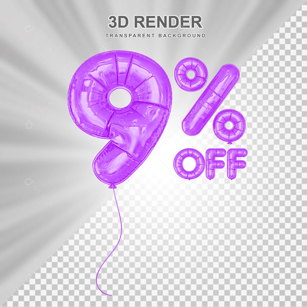 Elemento 3D Balão Roxo de Número 9% para Composição PSD