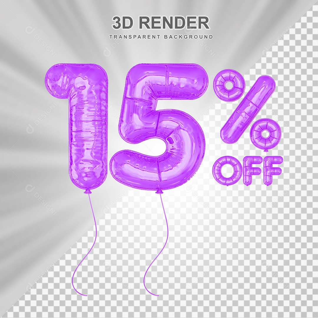 Elemento 3D Balão Roxo de Número 15% para Composição PSD