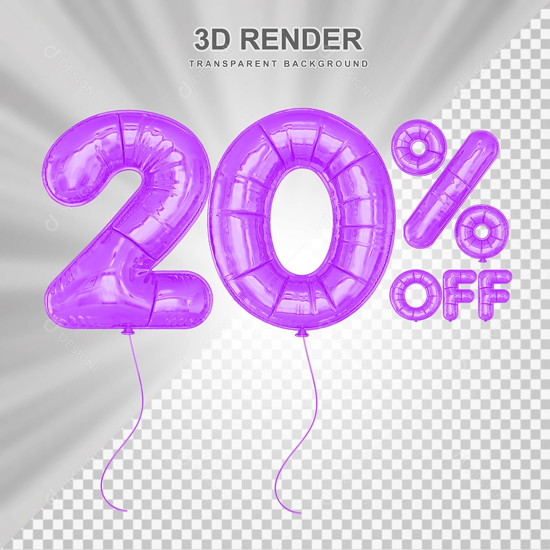 Elemento 3D Balão Roxo de Número 20% para Composição PSD
