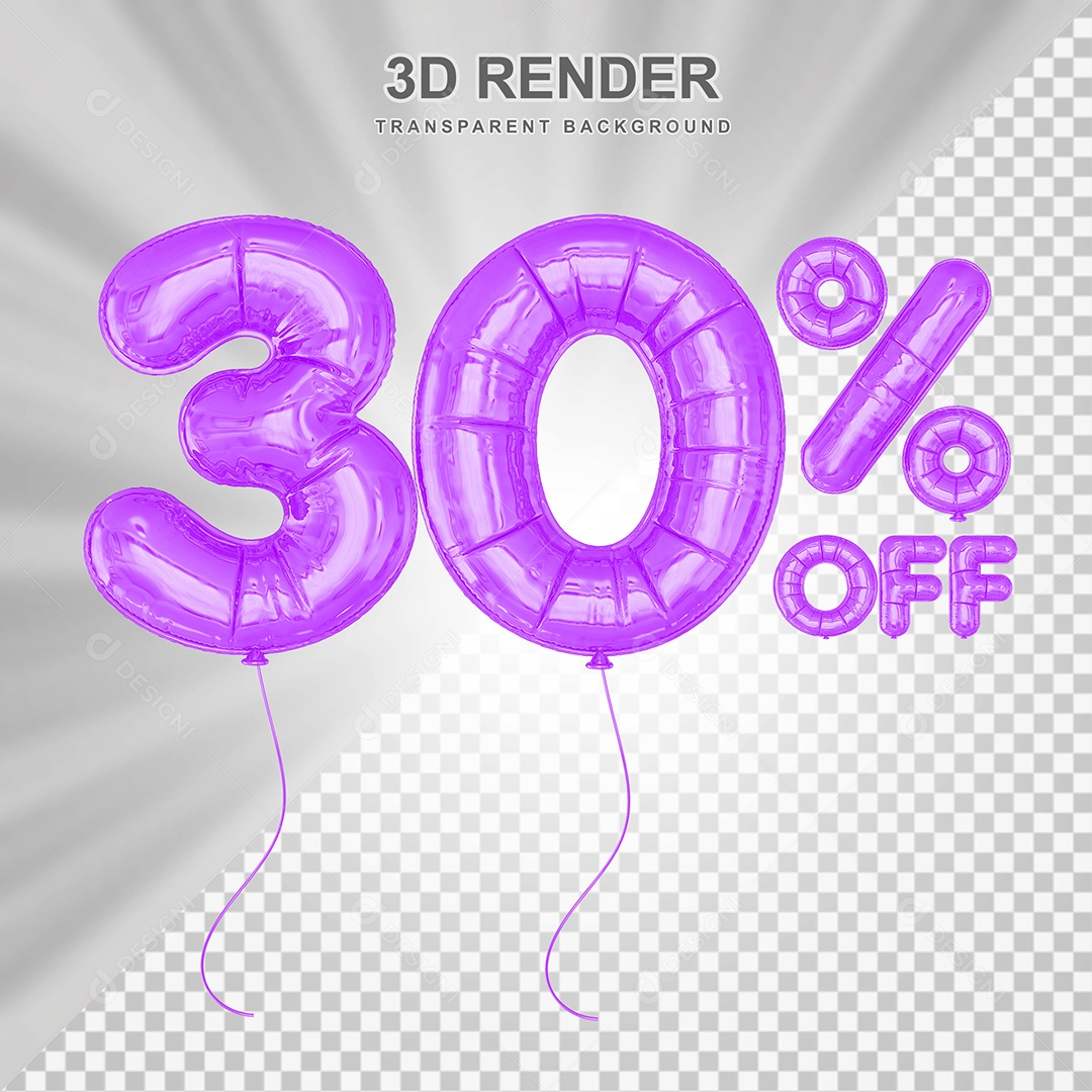 Elemento 3D Balão Roxo de Número 30% para Composição PSD