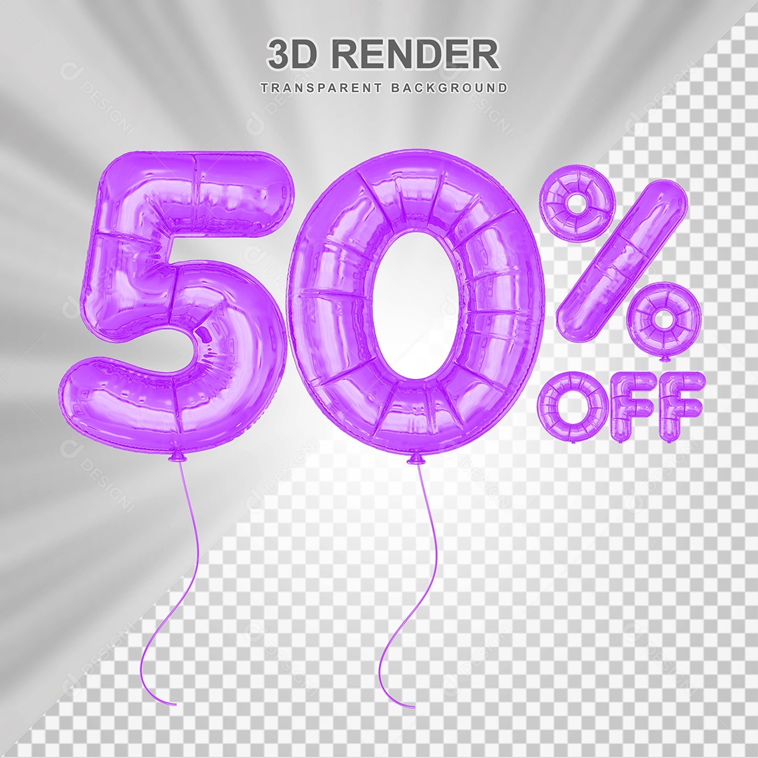 Elemento 3D Balão Roxo de Número 50% para Composição PSD