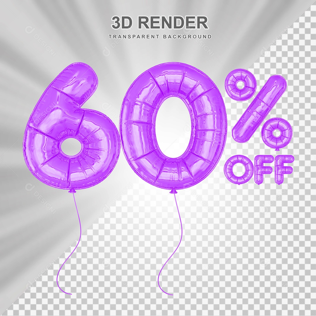 Elemento 3D Balão Roxo de Número 60% para Composição PSD