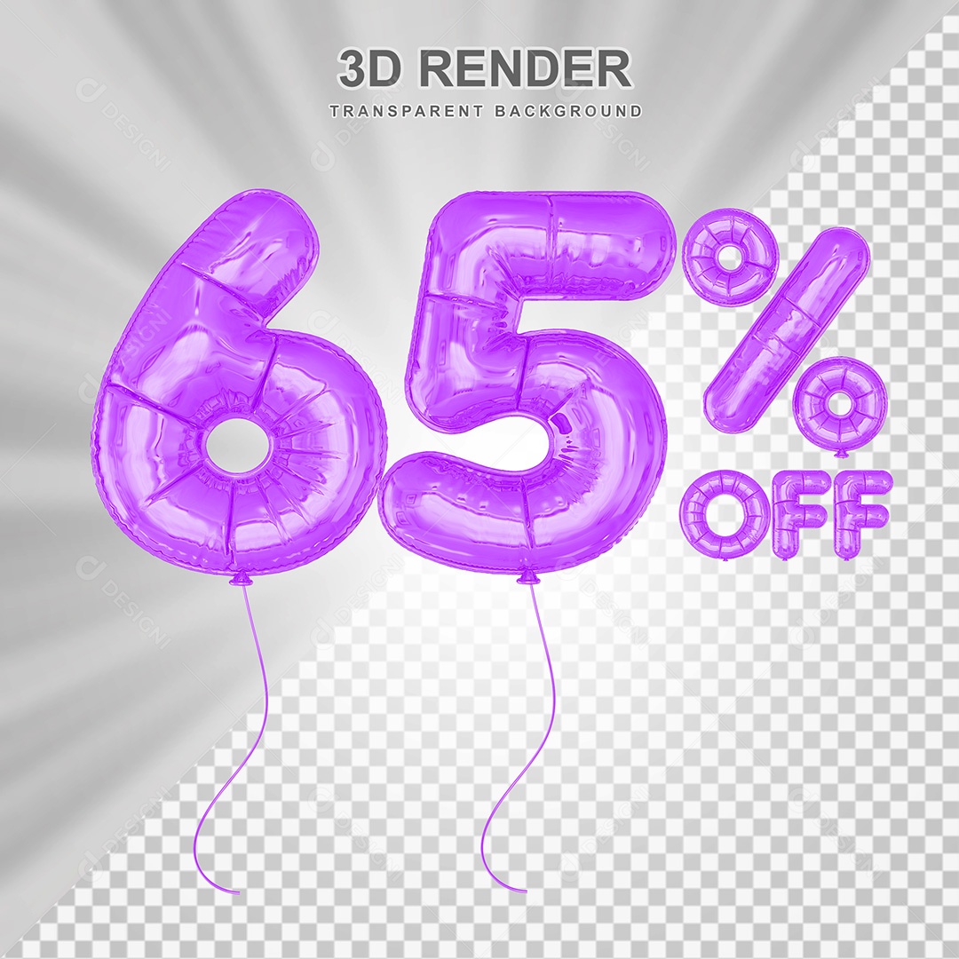 Elemento 3D Balão Roxo de Número 65% para Composição PSD