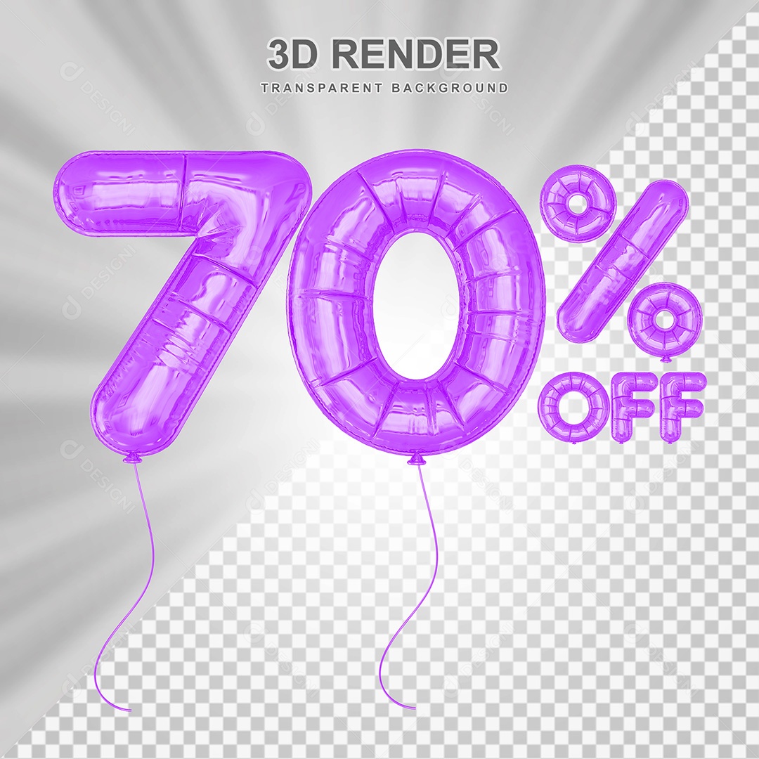 Elemento 3D Balão Roxo de Número 70% para Composição PSD