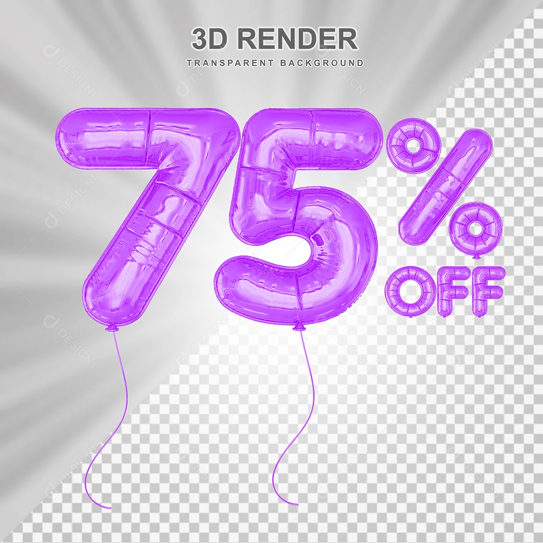 Elemento 3D Balão Roxo de Número 75% para Composição PSD