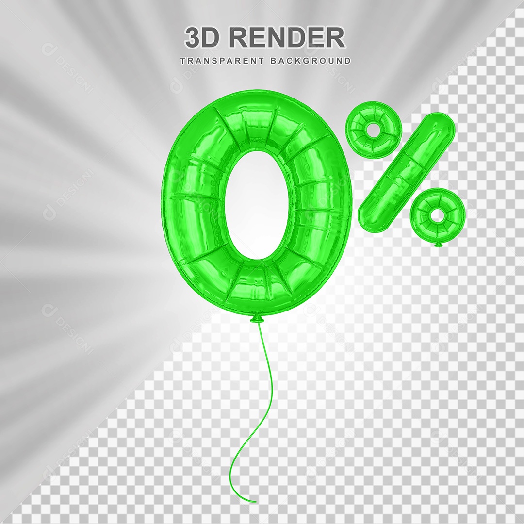 Elemento 3D Balão Verde de Número 0% para Composição PSD