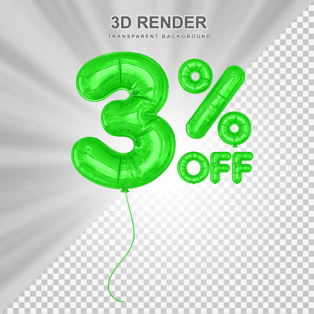 Elemento 3D Balão Verde de Número 3% para Composição PSD
