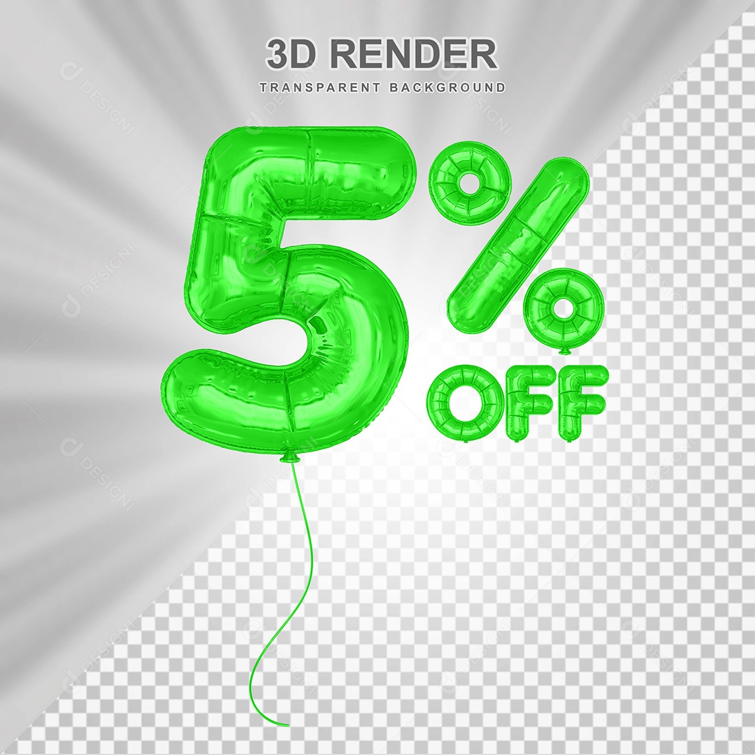 Elemento 3D Balão Verde de Número 5% para Composição PSD