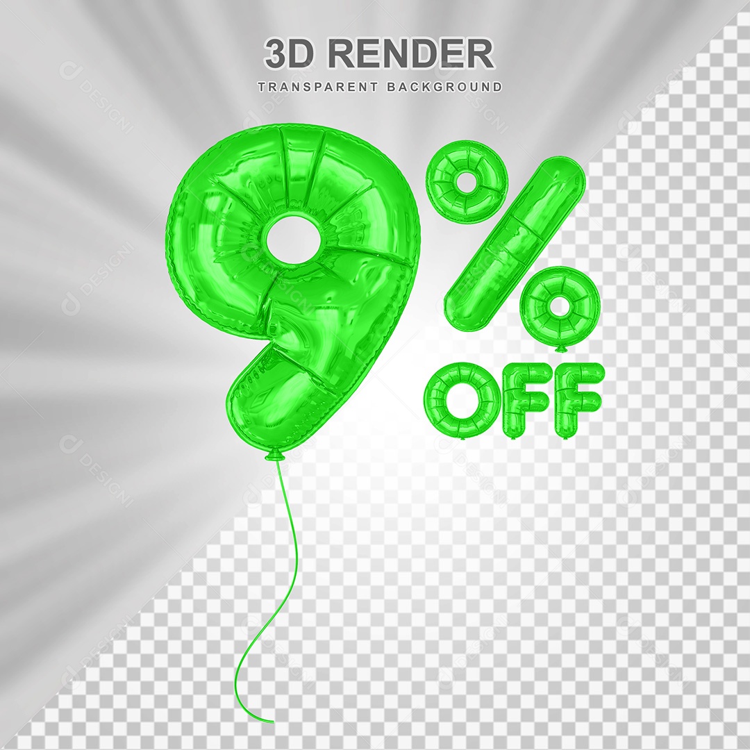 Elemento 3D Balão Verde de Número 9% para Composição PSD