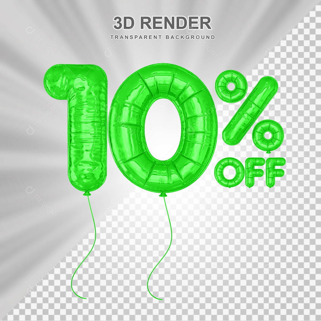 Elemento 3D Balão Verde de Número 10% para Composição PSD