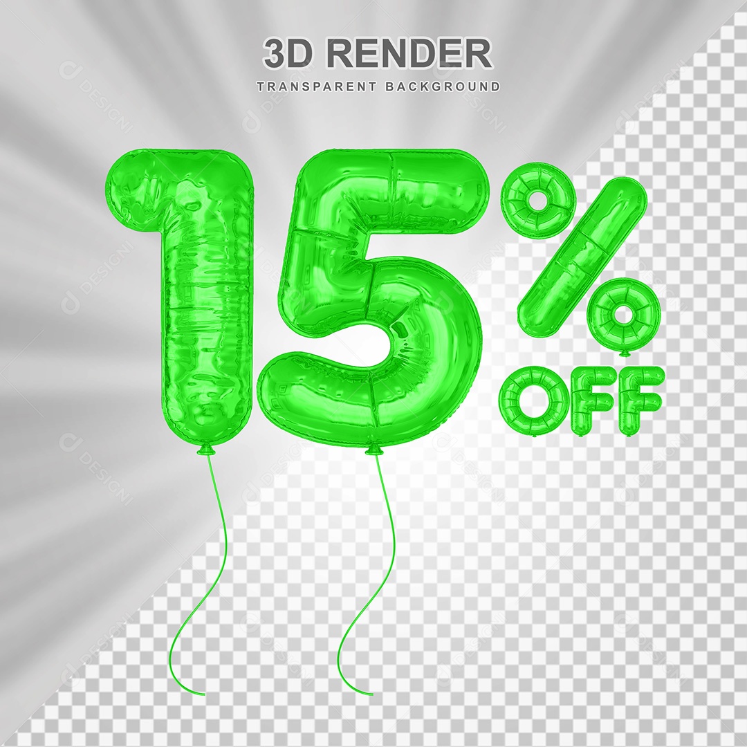 Elemento 3D Balão Verde de Número 15% para Composição PSD