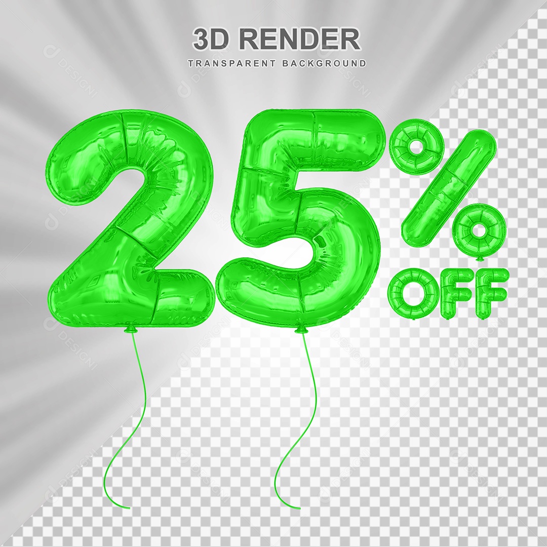 Elemento 3D Balão Verde de Número 25% para Composição PSD